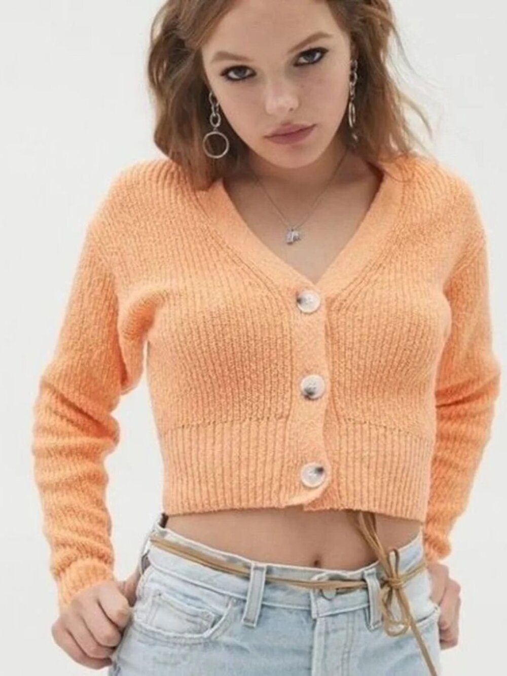 Urban Outfitters Peach-Orange Knit V-Neck Button Cardigan